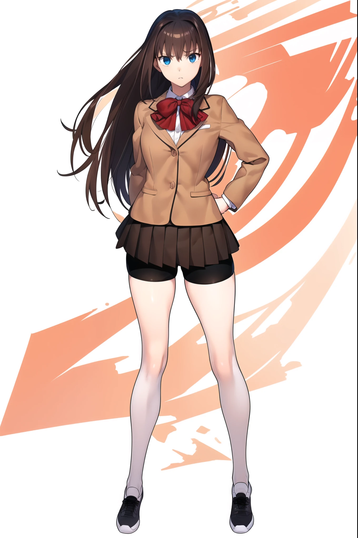 8k, high quality, AokoSchoolUniform, ((1girl)), (((solo))), (chestnut-brown hair with slightly reddish undertone), perfect face, red bowtie, beige blazer, (((Umber pleated mini skirt:1.2))), (black spandex shorts:1.4), (nice thighs:1.4), (thigh-high black stockings), brown Strap-Shoes shoes, (standing), (full body), (white-empty background:1.4), empty background
