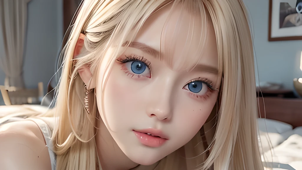 A very white and beautiful 20-year-old blonde girl、masterpiece, highest quality, shape, Ultra-fine detail, Natural platinum blonde with a natural shine、Super long straight silky hair、Super long hair like Rapunzel、Hair tangled all over the body、bangs over eyes、bangs on the face、Messy bangs、High resolution, 8K TV Wallpaper, Perfect dynamic composition, Big, bright, light blue eyes that shine beautifully、Very big eyes、of hotel(bed)、Small Face Beauty、Round face、double eyelid、Cheek gloss highlighter、On all fours