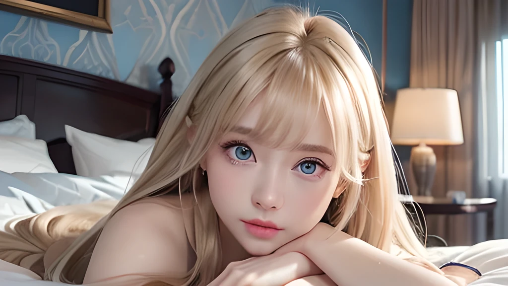 A very white and beautiful 20-year-old blonde girl、masterpiece, highest quality, shape, Ultra-fine detail, Natural platinum blonde with a natural shine、Super long straight silky hair、Super long hair like Rapunzel、Hair tangled all over the body、bangs over eyes、bangs on the face、Messy bangs、High resolution, 8K TV Wallpaper, Perfect dynamic composition, Big, bright, light blue eyes that shine beautifully、Very big eyes、of hotel(bed)、Small Face Beauty、Round face、double eyelid、Cheek gloss highlighter、On all fours