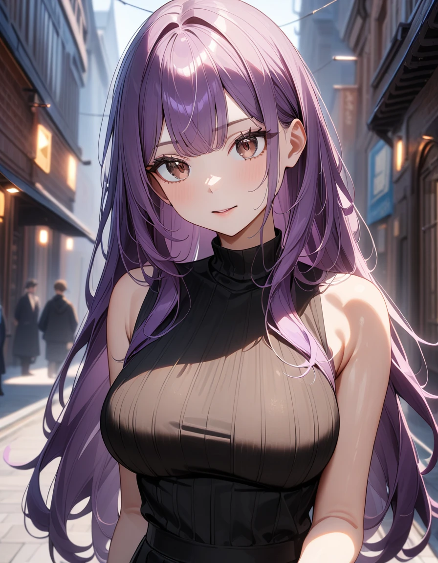 (highest quality, 8k, 4k, High resolution, masterpiece:1.2), Super detailed, beautiful illustrations, Vivid color, Lens flare, natural light, one person, woman, beautiful face details, beautiful eyes, long eyelashes, soft lips, (small face), (Purple hair:1.6, long hair, Brown eyes), perfect face, shiny skin, (beautiful breasts), open your mouth and laugh:1.2, (turtleneck knit:1.2, No sleeve, pants style), (shifting gaze, color々I'm interested in something, light steps), bustling street, Strolling around, Light and shadow with attention to detail, background bokeh.
