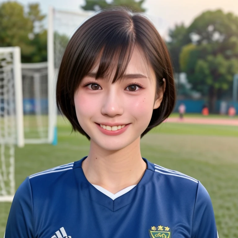 (kawaii 24 year-old Japanese girl, Nogizaka idol, Korean idol, female soccer player), healthy athlete body, (glossy black hair, very short hair, pixie cut, bangs:1.3), beautiful black eyes, rounded face, single eyelid, whitened even teeth, (no makeup:1.2), (big laughing:1.2), (soccer uniform:1.3), extra small breasts, BREAK, (park background, summer daytime:1.2), (dynamic angle, bust shot:1.2), BREAK, (masterpiece, best quality, photo realistic, official art:1.4), (UHD, 8K quality wallpaper, high resolution, raw photo, golden ratio:1.3), (shiny skin), professional lighting, physically based rendering, award winning, (highly detailed skin texture, extremely detailed face and eyes textures), Carl Zeiss 85 mm F/1.4, depth of field, (1girl, solo),