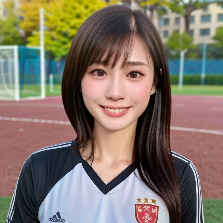 (kawaii 24 year-old Japanese girl, Nogizaka idol, Korean idol, female soccer player), healthy athlete body, (glossy black hair, very short hair, pixie cut, bangs:1.3), beautiful black eyes, rounded face, single eyelid, whitened even teeth, (no makeup:1.2), (big laughing:1.2), (soccer uniform:1.3), extra small breasts, BREAK, (park background, summer daytime:1.2), (dynamic angle, bust shot:1.2), BREAK, (masterpiece, best quality, photo realistic, official art:1.4), (UHD, 8K quality wallpaper, high resolution, raw photo, golden ratio:1.3), (shiny skin), professional lighting, physically based rendering, award winning, (highly detailed skin texture, extremely detailed face and eyes textures), Carl Zeiss 85 mm F/1.4, depth of field, (1girl, solo),