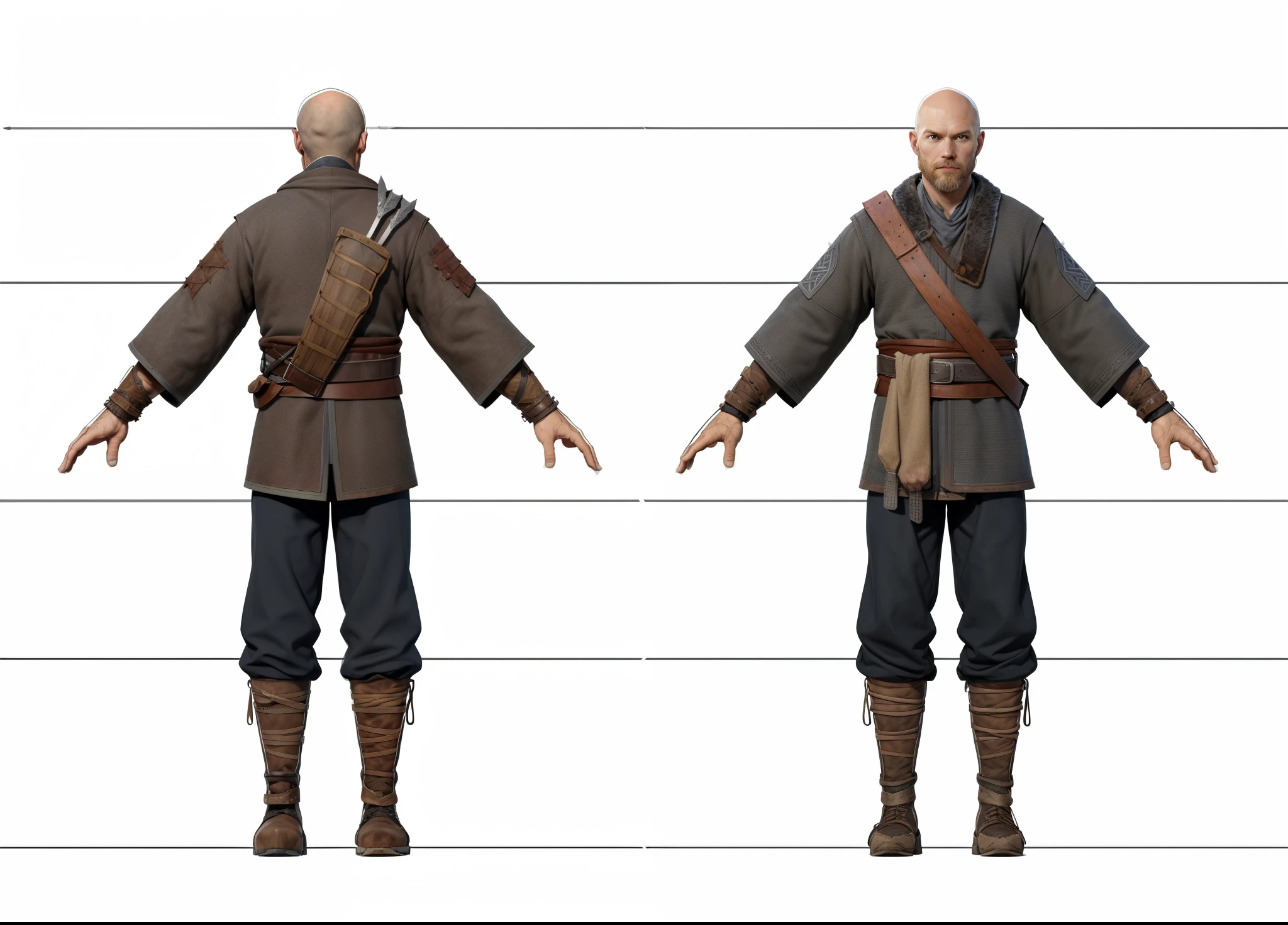 ( Realistic:1.33),(masterpiece:1.1),(highest quality:1.1),(HDR:1) a close up of a hunter villager with arrow bag on back, medieval villager , wool cloth, full body concept, detailed full body concept, Viking ranger style, Viking protective, Portrait of a Viking, Viking warrior, Viking culture, Nordic warrior, Viking costume, Ancient Viking warrior, wearing Viking clothing, male Viking, with Machado, Nordic inspiration, Viking and Templar aesthetics, full body character concept,costume concept design, full body details, detailed full body concept art, full character body, character model sheet turnaround, fullbody shot turnaround, concept character sheet, full body concept art, reference model sheet , full body concept art, RPG style character, game character design, 3d character reference sheet, video game character concept, detailed character design, character sheet, [ character model sheet turnaround ], front and back, ((front and back)), grey clean background, 3D character, leather belt, leather boots with rob, ((gambeson cloth)), dim blue gambeson, leather belt on chest, ((gambeson cloth)), (((arrow bag on belt)))