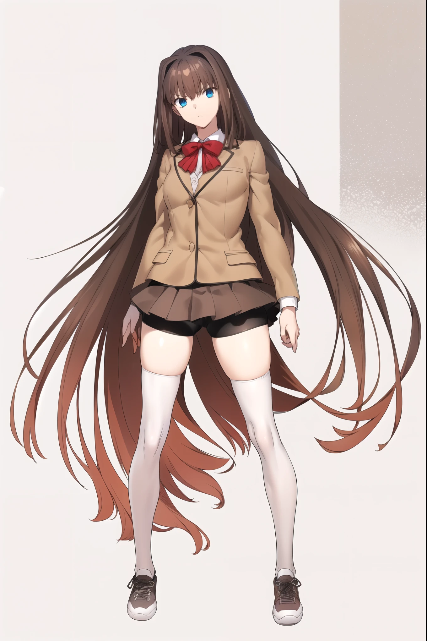 8k, high quality, AokoSchoolUniform, ((1girl)), (((solo))), (chestnut-brown hair with slightly reddish undertone), perfect face, red bowtie, beige blazer, (((Umber pleated mini skirt:1.2))), (black spandex shorts:1.4), (nice thighs:1.4), (thigh-high black stockings), brown Strap-Shoes shoes, (standing), (full body), (white-empty background:1.4), empty background
