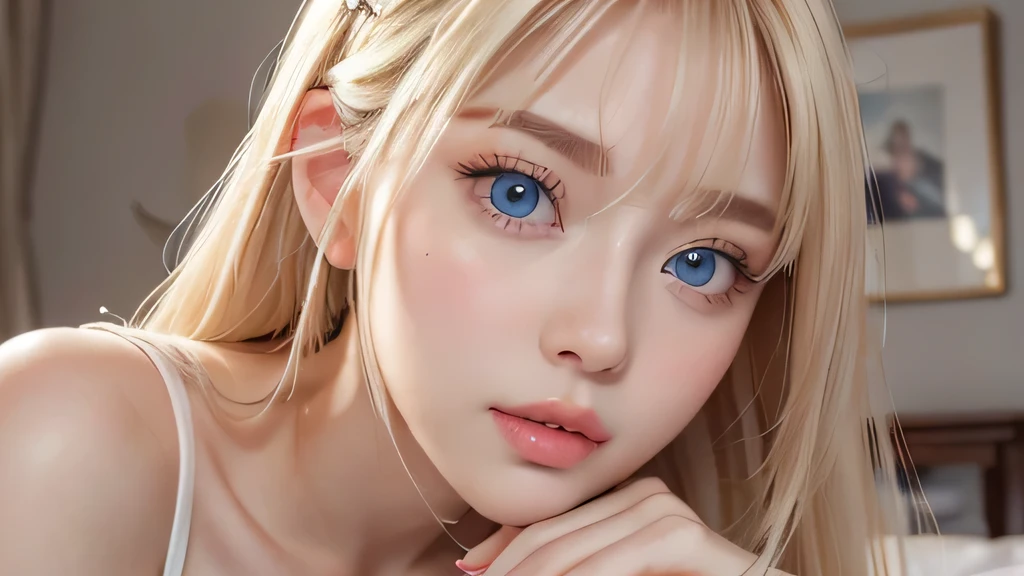 A very white and beautiful 20-year-old blonde girl、masterpiece, highest quality, shape, Ultra-fine detail, Natural platinum blonde with a natural shine、Super long straight silky hair、Super long hair like Rapunzel、Hair tangled all over the body、bangs over eyes、bangs on the face、Messy bangs、High resolution, 8K TV Wallpaper, Perfect dynamic composition, Big, bright, light blue eyes that shine beautifully、Very big eyes、of hotel(bed)、Small Face Beauty、Round face、double eyelid、Cheek gloss highlighter、On all fours