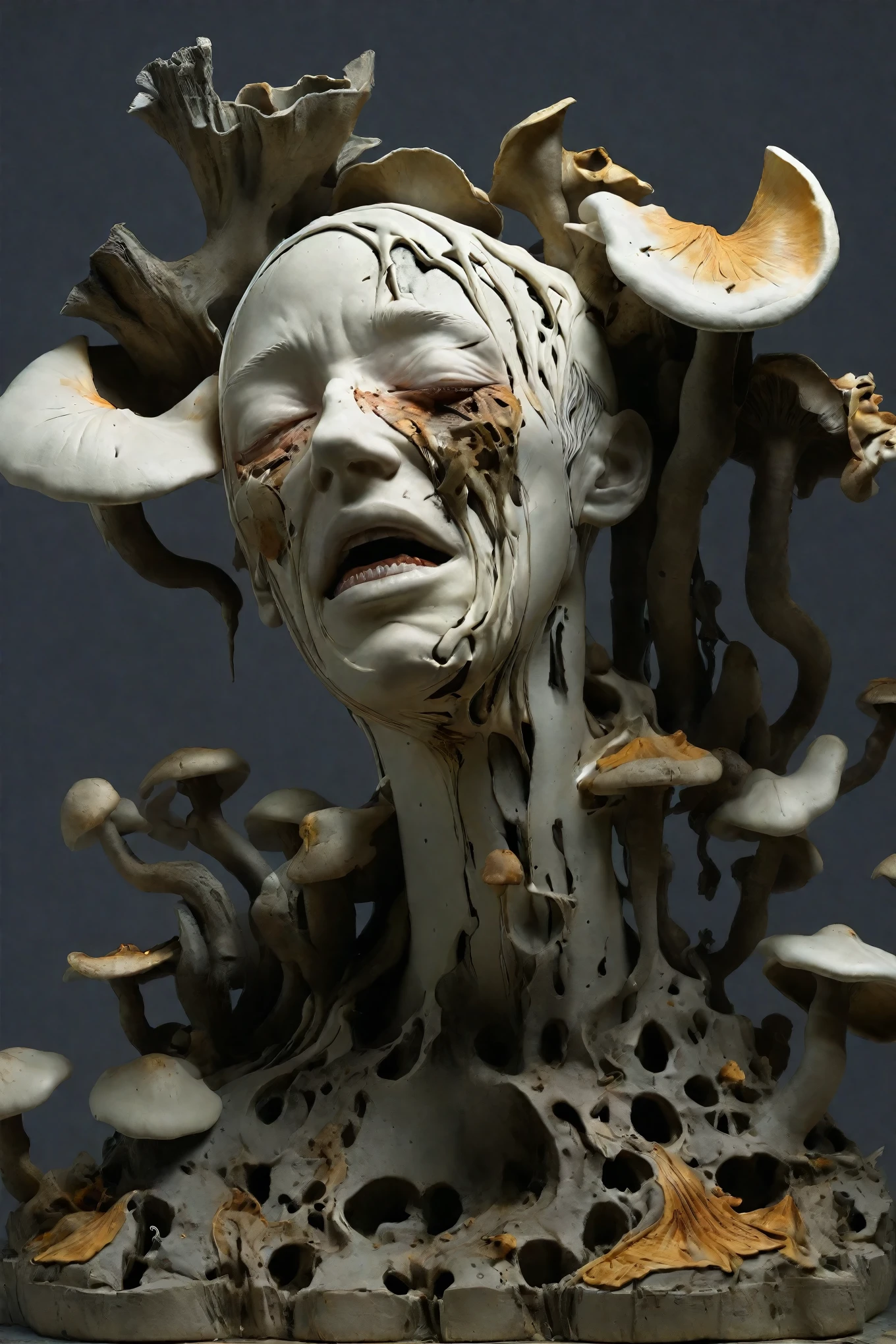 a struggling figure in agony, surrounded by rotting fungus, hyper detailed 3D render, photorealistic, ceramic sculpture, cracked texture, broken surface details