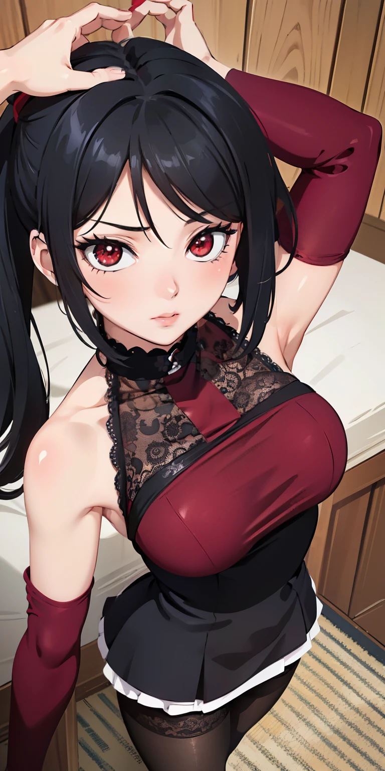 masterpiece, best quality, ultra-detailed, illustration,(1girl), Sarada Uchiha, looking at viewer, close up, (breast focus), (arms above head:1.2), (from above:1.1), black hair, Medium breasts, (breasts out:1.3), (off shoulder:1.1), lace underwear, random pantyhose, black hair, red eyes, Sharringan eyes,