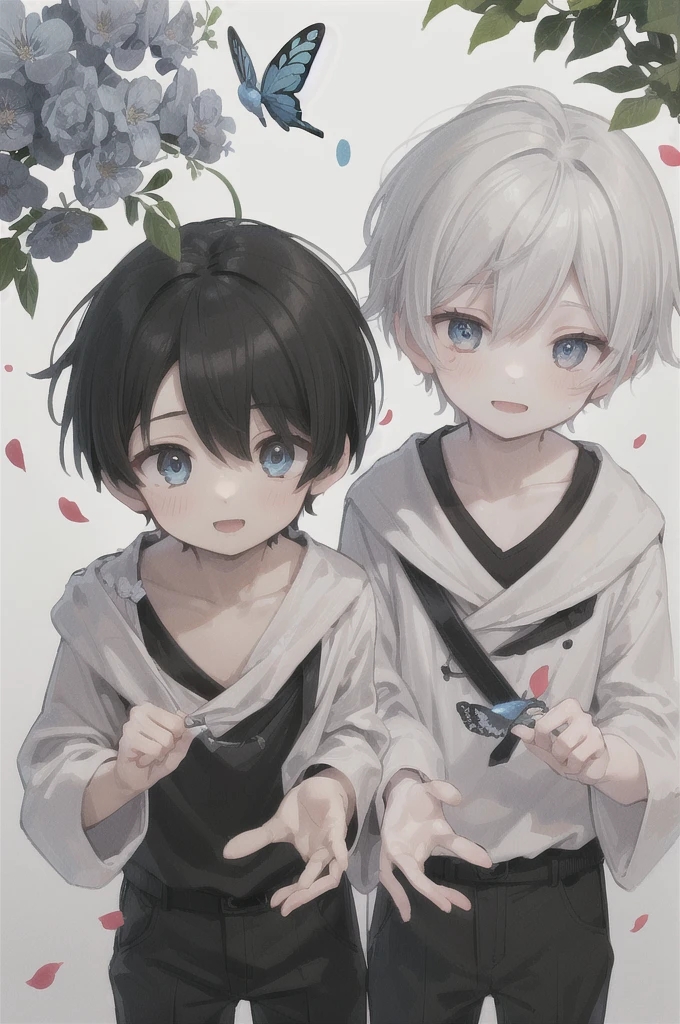 (muste piece), (highest quality), very detailed, (two boys:1.4), concentrated，perfect face, beautiful face, very detailed顔，(blue eyes:1.3)，flower，butterfly々，flower petals，Light，(smile:1.3)，(white haired boy:1.4)，(black haired boy:1.4)