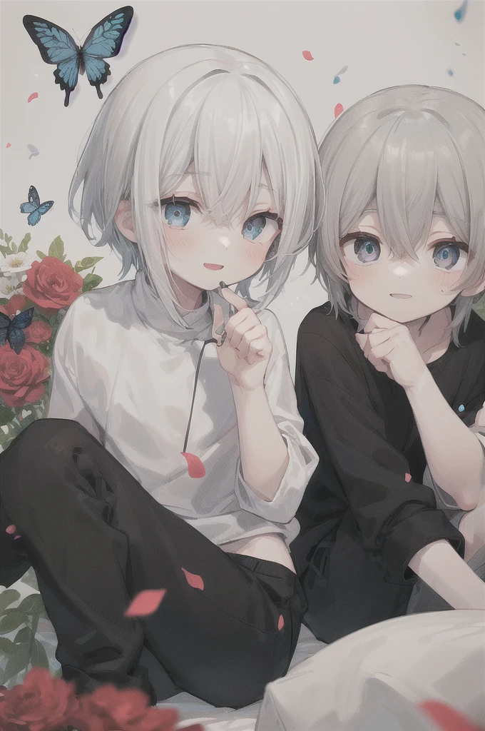 (muste piece), (highest quality), very detailed, (two boys:1.4), concentrated，perfect face, beautiful face, very detailed顔，(blue eyes:1.3)，flower，butterfly々，flower petals，Light，(smile:1.3)，(white haired boy:1.4)，(black haired boy:1.4)