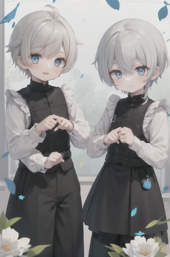 (muste piece), (highest quality), very detailed, (two boys:1.4), concentrated,perfect face, beautiful face, very detailed顔,(blue eyes:1.3),flower,butterfly々,flower petals,Light,(smile:1.3),(white haired boy:1.4),(black haired boy:1.4)