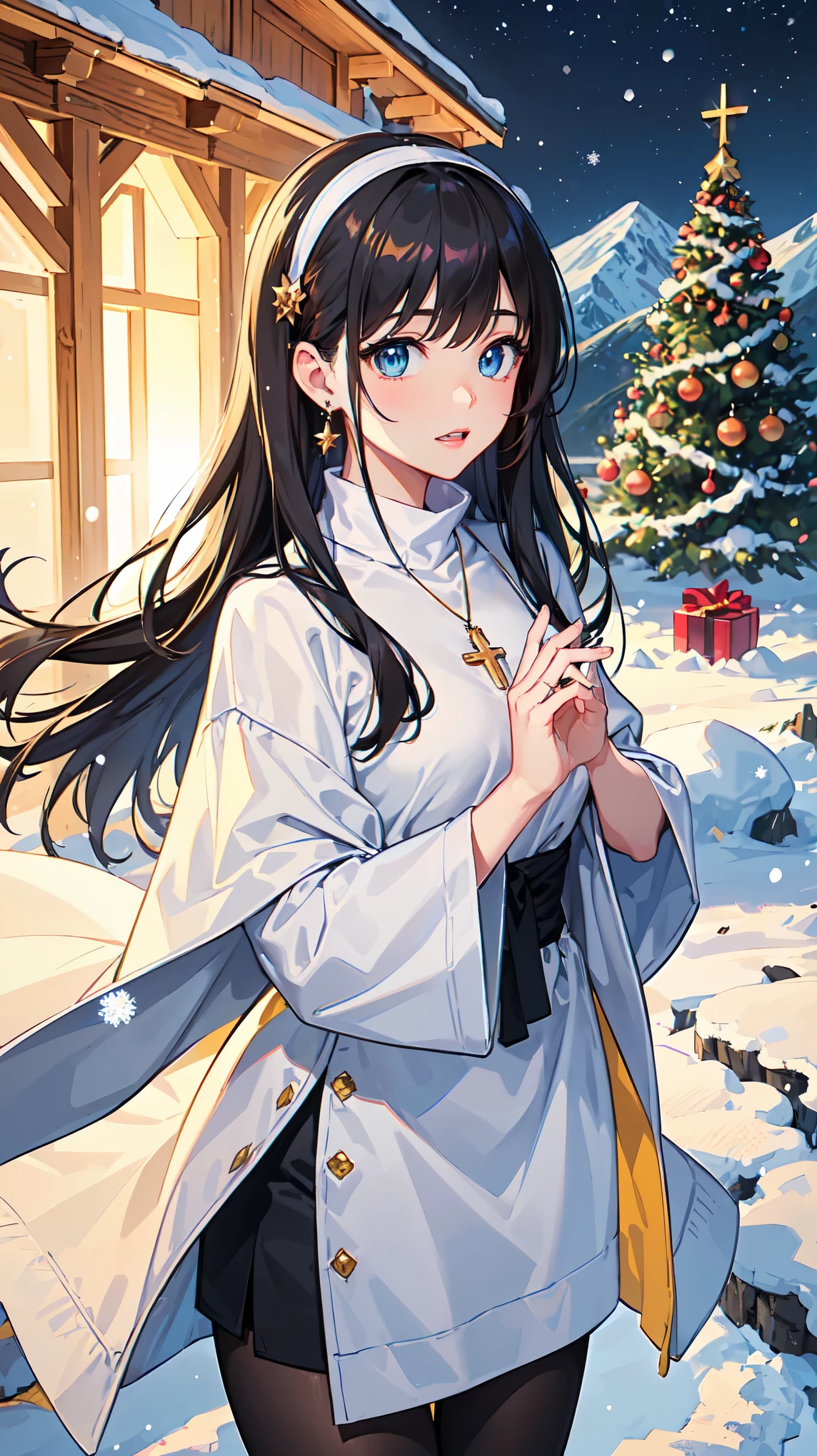 ((masterpiece)), ((best quality)), (Extremely detailed), (Super beautiful illustrations), ((Kawaii)), Kuveli), ((Very detailed)), (delicate eyes), (Detailed facial features), (Detailed fingers), (Detailed clothing features), 4k, (8K), (beautiful), (dynamic composition), (Cowboy shooting:1.3), (Holy Cloth:1.3), sitting on a tree stump, 一位beautiful女人, 1 female, (Bronze skin:1.2), Black Hair, Medium long hair, (beautiful blue eyeeautiful eyes)), White Teeth, (tights), (Hair accessories), earrings necklace), (In the song, Mountain, village, night, winter, Shining with colorful light, lens flare, (Snow Effect), Shiny, Christmas tree