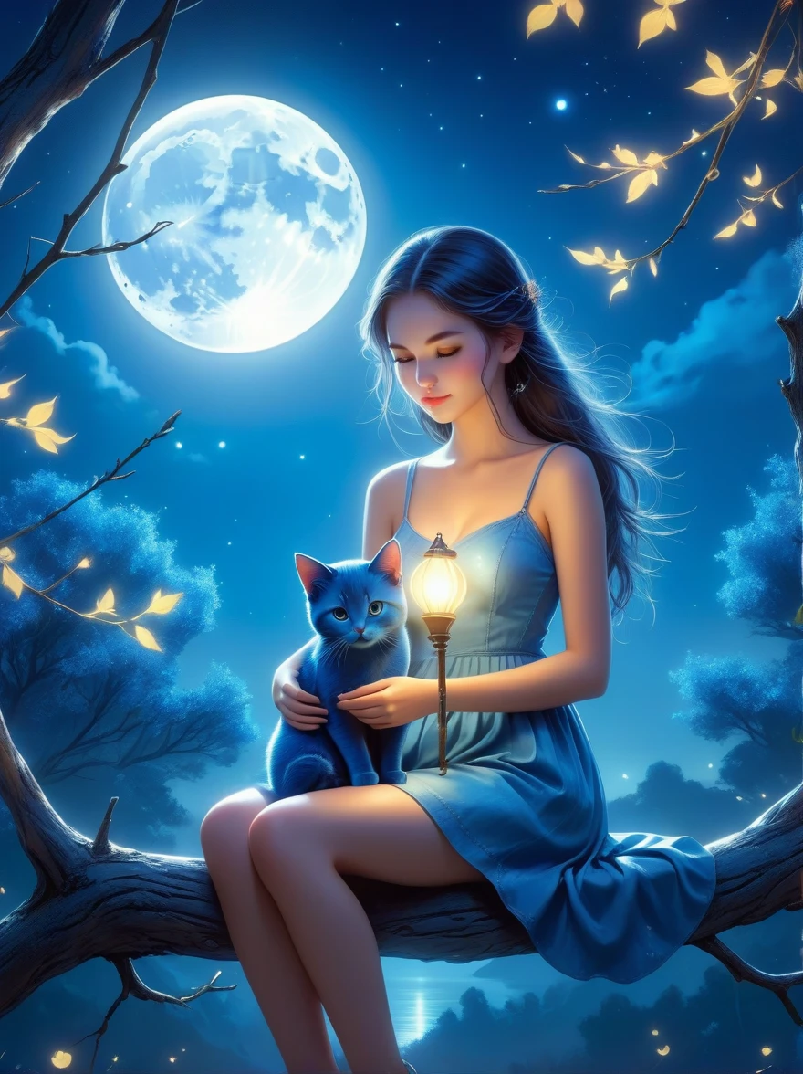 Romantic and sweet style，night，Backlight，A girl sitting on a branch，Holding a blue cat，There is a full moon behind，Fresh colors，Soft colors，Diode lamp，Concept art style，Extremely complex details，Clear distinction between light and dark，Structured，Ultra HD