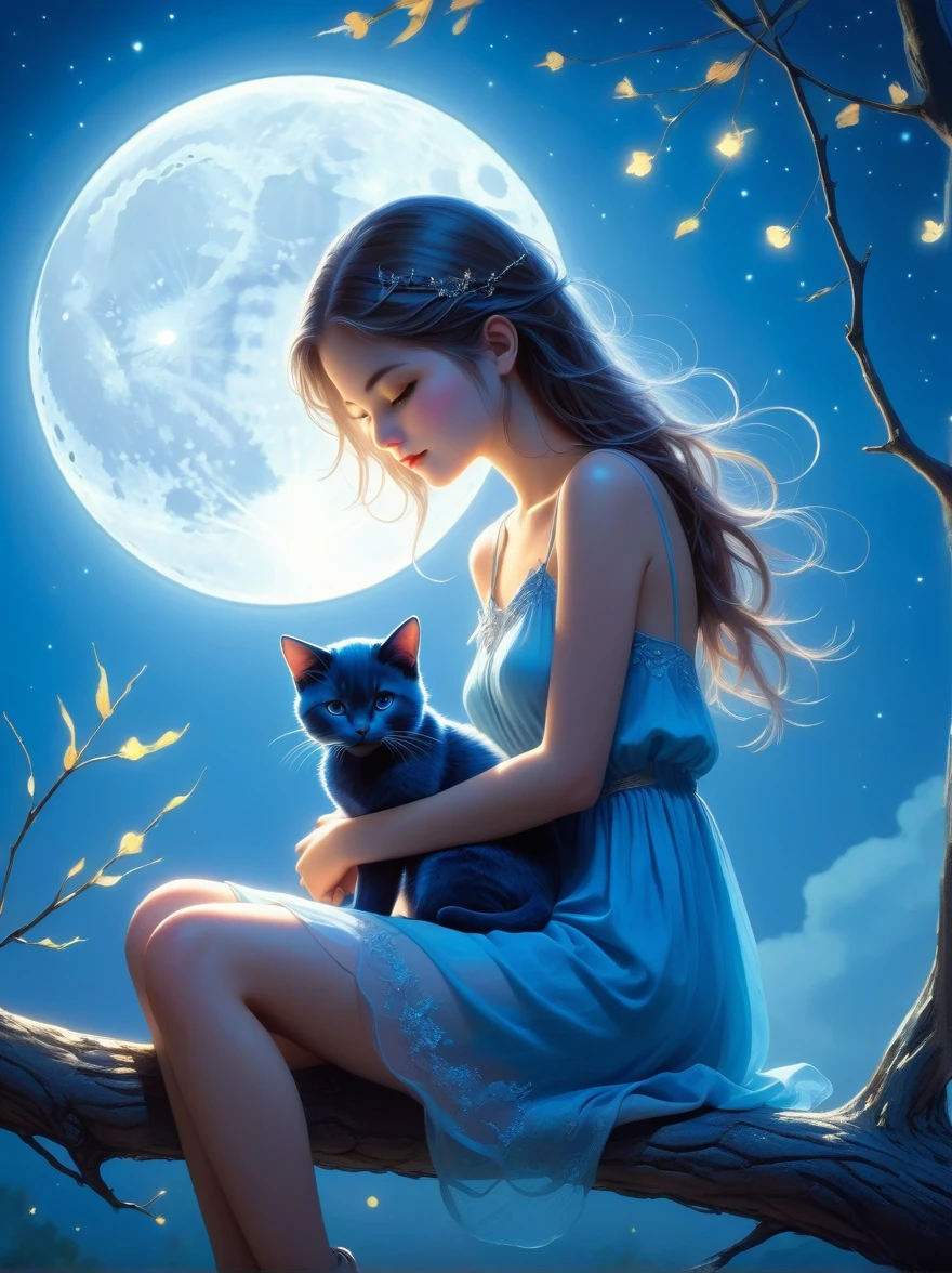 Romantic and sweet style，night，Backlight，A girl sitting on a branch，Holding a blue cat，There is a full moon behind，Fresh colors，Soft colors，Diode lamp，Concept art style，Extremely complex details，Clear distinction between light and dark，Structured，Ultra HD