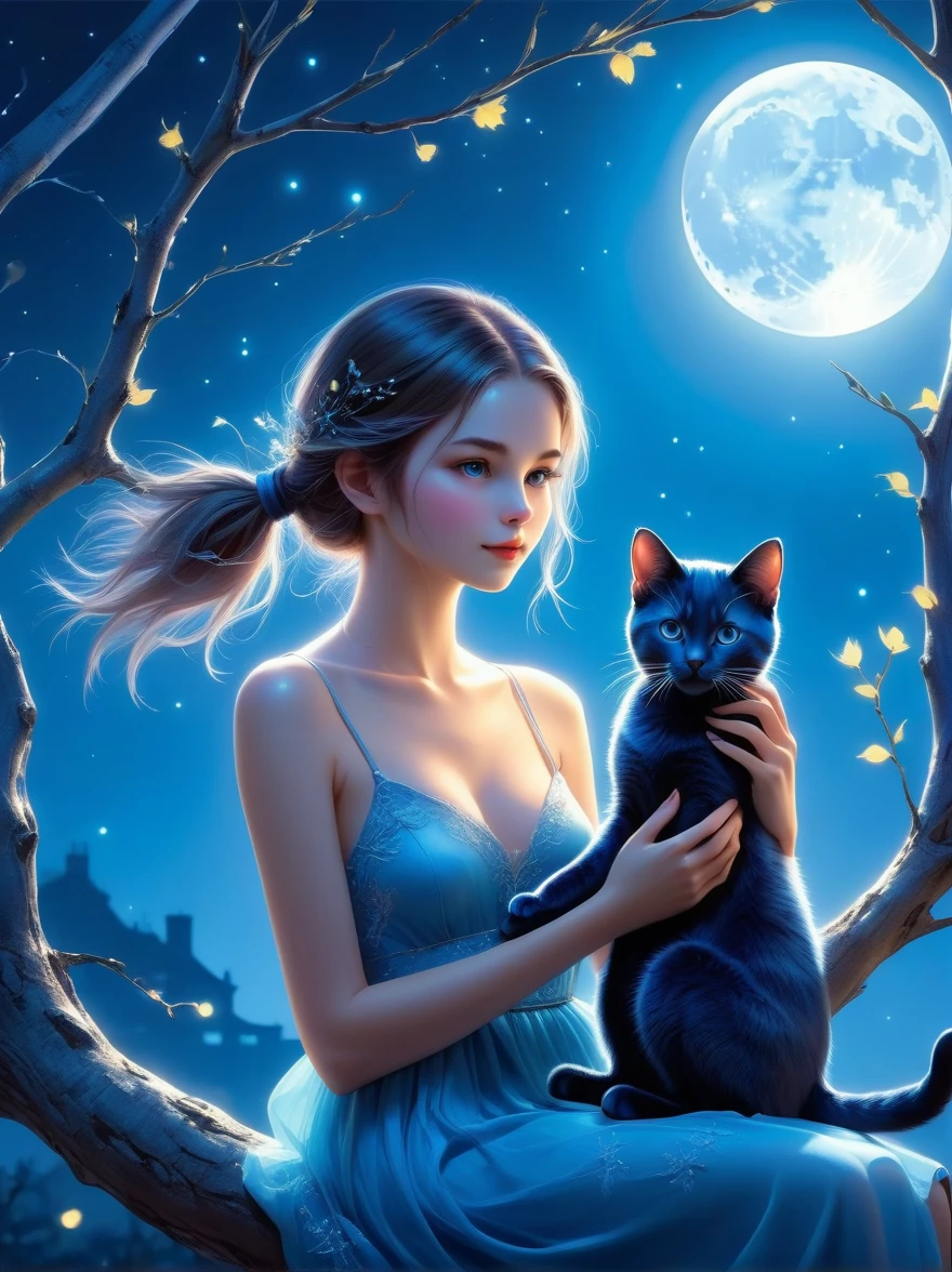 Romantic and sweet style，night，Backlight，A girl sitting on a branch，Holding a blue cat，There is a full moon behind，Fresh colors，Soft colors，Diode lamp，Concept art style，Extremely complex details，Clear distinction between light and dark，Structured，Ultra HD