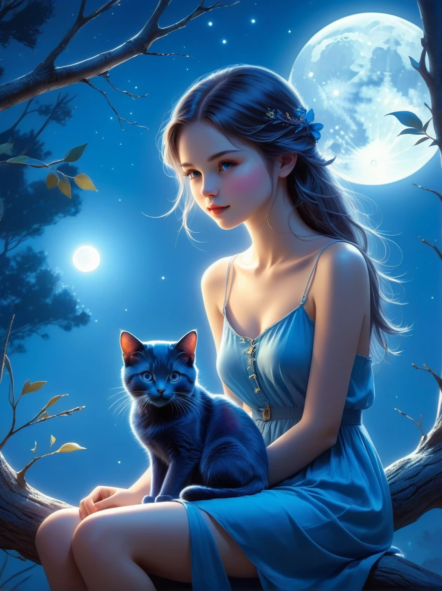 Romantic and sweet style，night，Backlight，A girl sitting on a branch，Holding a blue cat，There is a full moon behind，Fresh colors，Soft colors，Diode lamp，Concept art style，Extremely complex details，Clear distinction between light and dark，Structured，Ultra HD