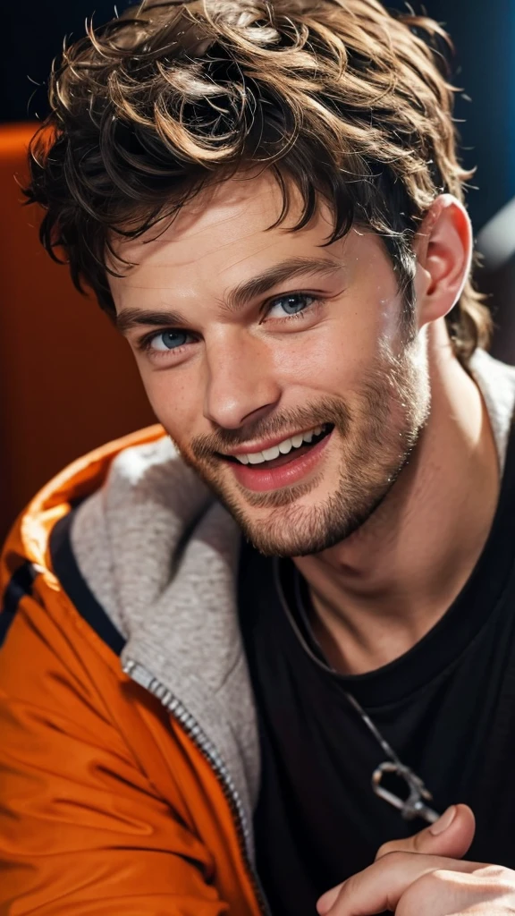 Jamie dornan laughing in orange studio, close up