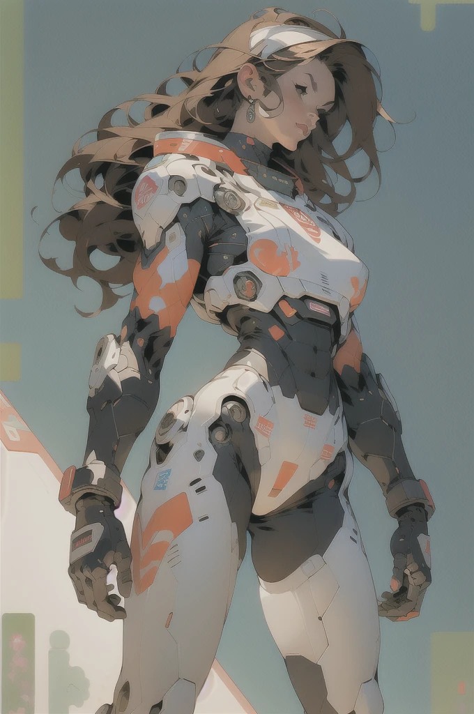 ((Best quality)), ((masterpiece)), (detailed: 1.4), (Absurd), (((full body)), (((woman))), 35-year-old woman, Beautiful muscular woman, giant robot pilot, wild with perfect body, wearing little clothing, tiny thong, clothing with Japanese graphic patterns, halftone pattern and vertical stripes, earth tone, coming out of the body of a giant robot
