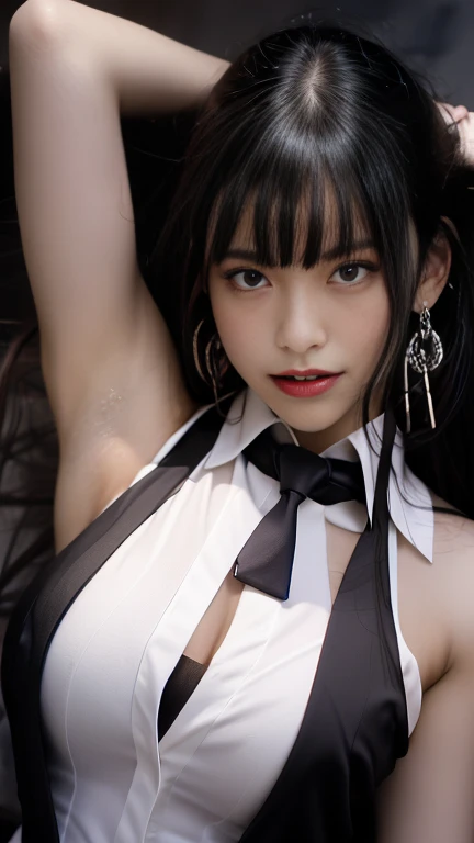 pretty, young, girl, long hair, black hair, red color eyes, bangs, white shirt, sleeveless, white collar, black tie, large breast, black gloves, upper body, white skin, 15 year old, beauty, 1 girl, intimidating, look put hands behind head, armpits, armpits visible, sweaty armpits, armpits very sweat, school backround