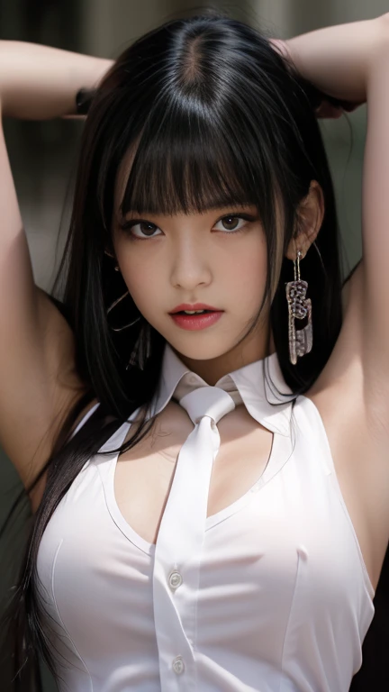 pretty, young, girl, long hair, black hair, red color eyes, bangs, white shirt, sleeveless, white collar, black tie, large breast, black gloves, upper body, white skin, 15 year old, beauty, 1 girl, intimidating, look put hands behind head, armpits, armpits visible, sweaty armpits, armpits very sweat, school backround