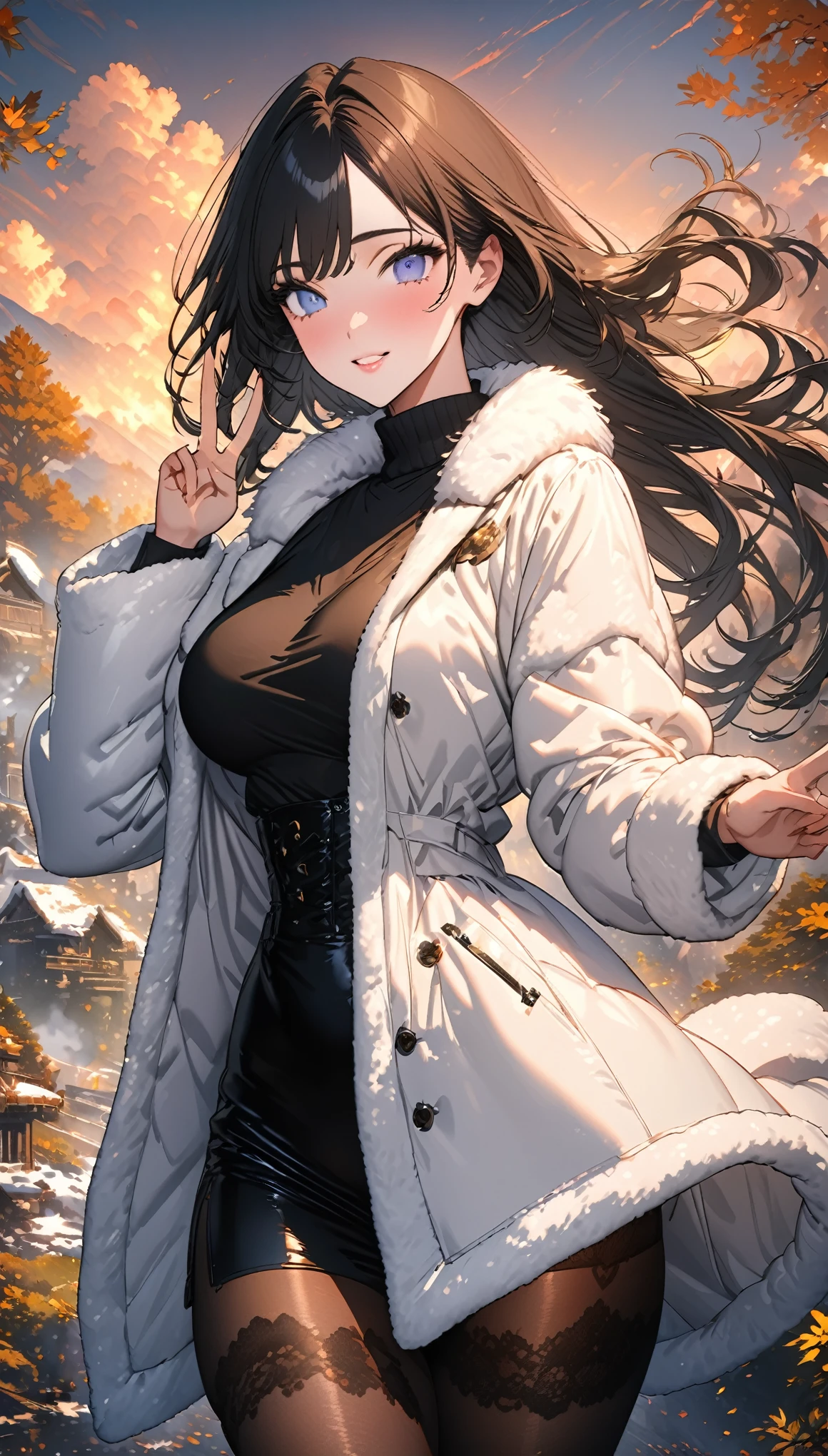 ((masterpiece, 32k,8k,wallpaper, high resolution, H,RAW photos,)),(realistically:1.5),(light),(Detailed fingers),(High detail skin:1.beautiful eyes),1 girl,alone,center， Winters, Yuki, fur collar wind coat, turtleneck sweater, Minkitz, lace up pantyhose,(huge snatch),twilight，Cloud，wind，hair flying，