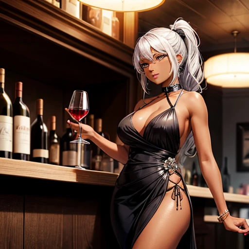 A dark-skinned woman with silver hair in a ponytail,Wearing a black cocktail dress, holding a wine glass　Wearing high heels　bar counter　The bartender is a woman with short red hair.