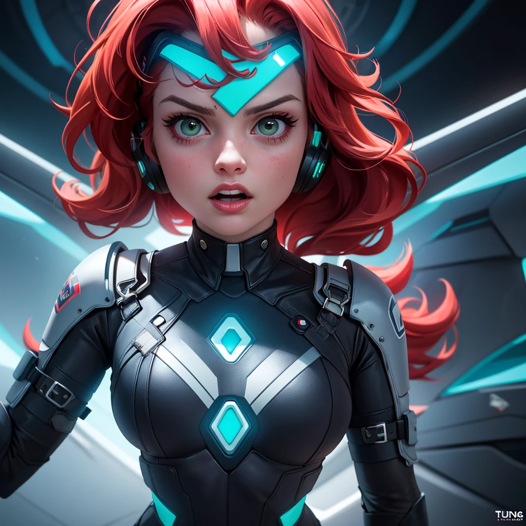 A sassy, obnoxious red-haired dominatrix woman, (Sandra Bernhard age 25), in a Tron-inspired futuristic sci-fi setting, punishing blue and green women with intense, powerful expressions, vivid colors, dramatic lighting, hyper-detailed, cinematic composition, photorealistic, 8k, masterpiece