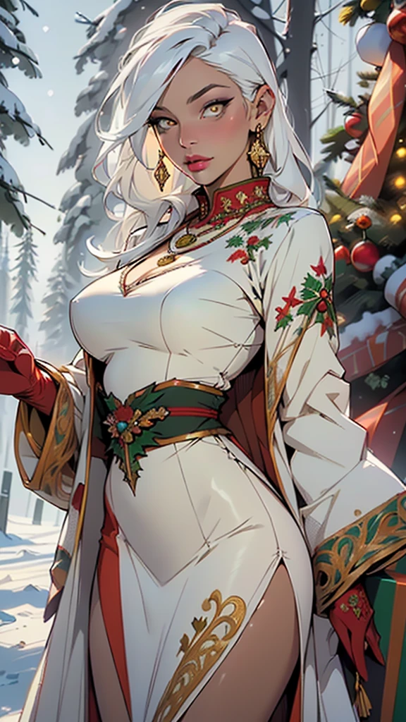 woman,1female,((milf,mom,mature,mature woman,45 years old female,adult)),(large breasts:1.5),saggy breasts,(((white hair:1.4,straight hair,long hair:1.4,colored inner hair))),((yellow_eyes:1.3)),intricate eyes,beautiful detailed eyes,symmetrical eyes,((((dark skin:1.4,lustrous skin:1.5,bright skin: 1.5,skin tanned,shiny skin,very shiny skin,shiny body,illuminated skin)))),(spider lower abdomen,narrow waist,wide hip,bimbo body,inflated legs,thick thighs,(((detailed face))),

cute,slutty,sensual,seductive look,seductive,((erotic)),opulent,sumptuous,longingly,((nsfw)),

queen,goddess,fantasy,(beautiful winter silver clothes,silver silk),((strapless red dress,very long red skirt,red dress)),(silver clothes),(((ice jewelry,intricate necklace,christmas jewelry,detailed outfit))),cleavage,silver silk,((eyeshadow,elegant makeup,eyelid makeup,gold lips,gold lipstick)),((Transparent cloth:1.1)), (((Sexy white fur coat, white fur coat outfit, wearing a white fur coat:1.3,winter white coat))),red gloves,(((intricate outfit,intricate clothes,embroidered outfit,ornate outfit,embroidered clothes,ornate clothes))),

(dynamic pose:1.0),embarrassed,(centered,scale to fit dimensions,Rule of thirds),

((snowy pine forest)),winter,scenery:1.25,((intricate scenery)),((snow forest background)),(Christmas tree:1.5),

(Glossy winter ornaments),highres,sharp focus,(ultra detailed,extremely detailed),(photorealistic artwork:1.37),(extremely detailed CG unity 8k wallpaper),(((vibrant colors,vibrant theme))),(intricate),(masterpiece),(best quality),artistic photography,(photography taken by sldr),(intricate background),perfect rendered face,perfect face details,realistic face,photo realistic,analog style,((intricate detail)),(((realism))),
