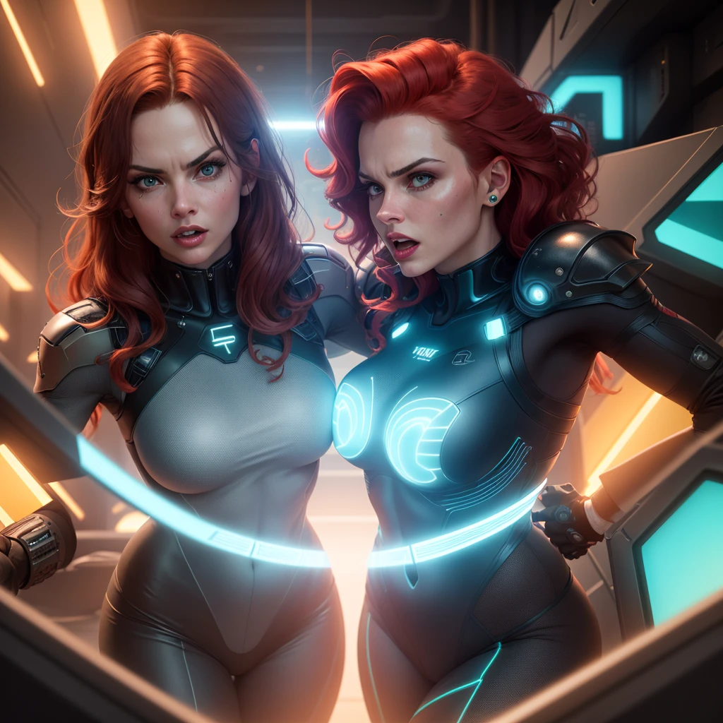 A sassy, obnoxious red-haired dominatrix woman, (Sandra Bernhard age 25), in a Tron-inspired futuristic sci-fi setting, punishing blue and green women with intense, powerful expressions, vivid colors, dramatic lighting, hyper-detailed, cinematic composition, photorealistic, 8k, masterpiece