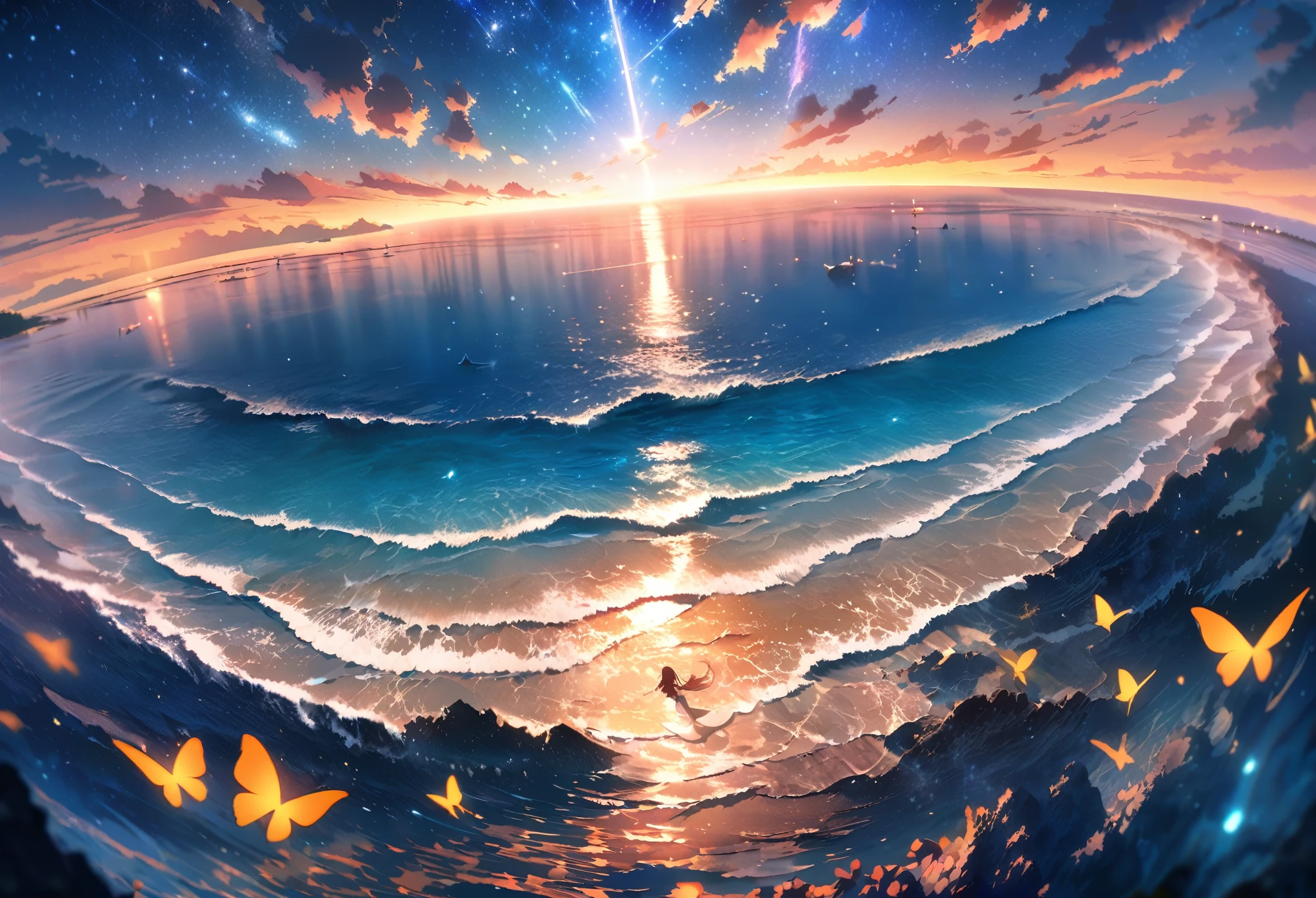 Mermaid Shadow、The main event is the morning sun.、Small butterfly、Starry Skyと朝日、coastline、A fantastic flapping butterfly、A small mermaid is reflected in the image,Anime-style digital painting of a horizon landscape, amazing, Atmospheric,Soft and warm sunset light low angle, A palette of soft tones of blue and orange accentuating the horizon,A mermaid and a butterfly appear small in the background.、Starry Sky