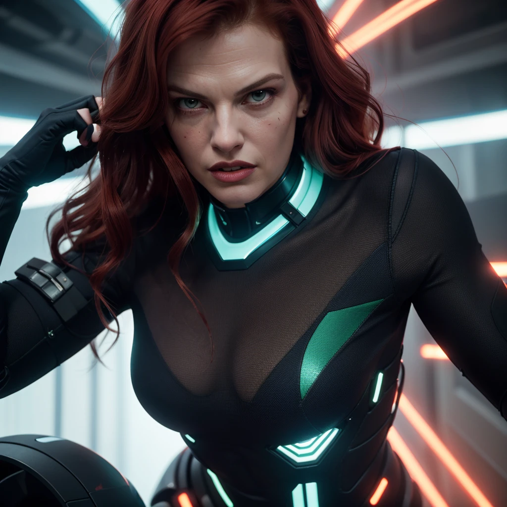 A sassy, obnoxious red-haired dominatrix woman, (Sandra Bernhard age 25), in a Tron-inspired futuristic sci-fi setting, punishing blue and green women with intense, powerful expressions, vivid colors, dramatic lighting, hyper-detailed, cinematic composition, photorealistic, 8k, masterpiece
