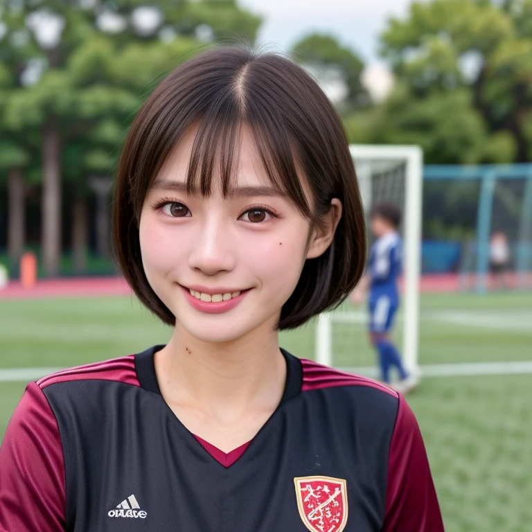 (kawaii 24 year-old Japanese girl, Nogizaka idol, Korean idol, female soccer player), healthy athlete body, (glossy black hair, very short hair, pixie cut, bangs:1.3), beautiful black eyes, rounded face, single eyelid, whitened even teeth, (no makeup:1.2), (big laughing:1.2), (soccer uniform:1.3), extra small breasts, BREAK, (park background, summer daytime:1.2), (dynamic angle, bust shot:1.2), BREAK, (masterpiece, best quality, photo realistic, official art:1.4), (UHD, 8K quality wallpaper, high resolution, raw photo, golden ratio:1.3), (shiny skin), professional lighting, physically based rendering, award winning, (highly detailed skin texture, extremely detailed face and eyes textures), Carl Zeiss 85 mm F/1.4, depth of field, (1girl, solo),