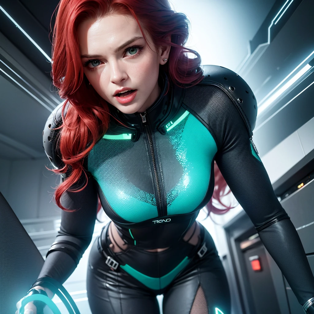 A sassy, obnoxious red-haired dominatrix woman, (Sandra Bernhard age 25), in a Tron-inspired futuristic sci-fi setting, punishing blue and green women with intense, powerful expressions, vivid colors, dramatic lighting, hyper-detailed, cinematic composition, photorealistic, 8k, masterpiece
