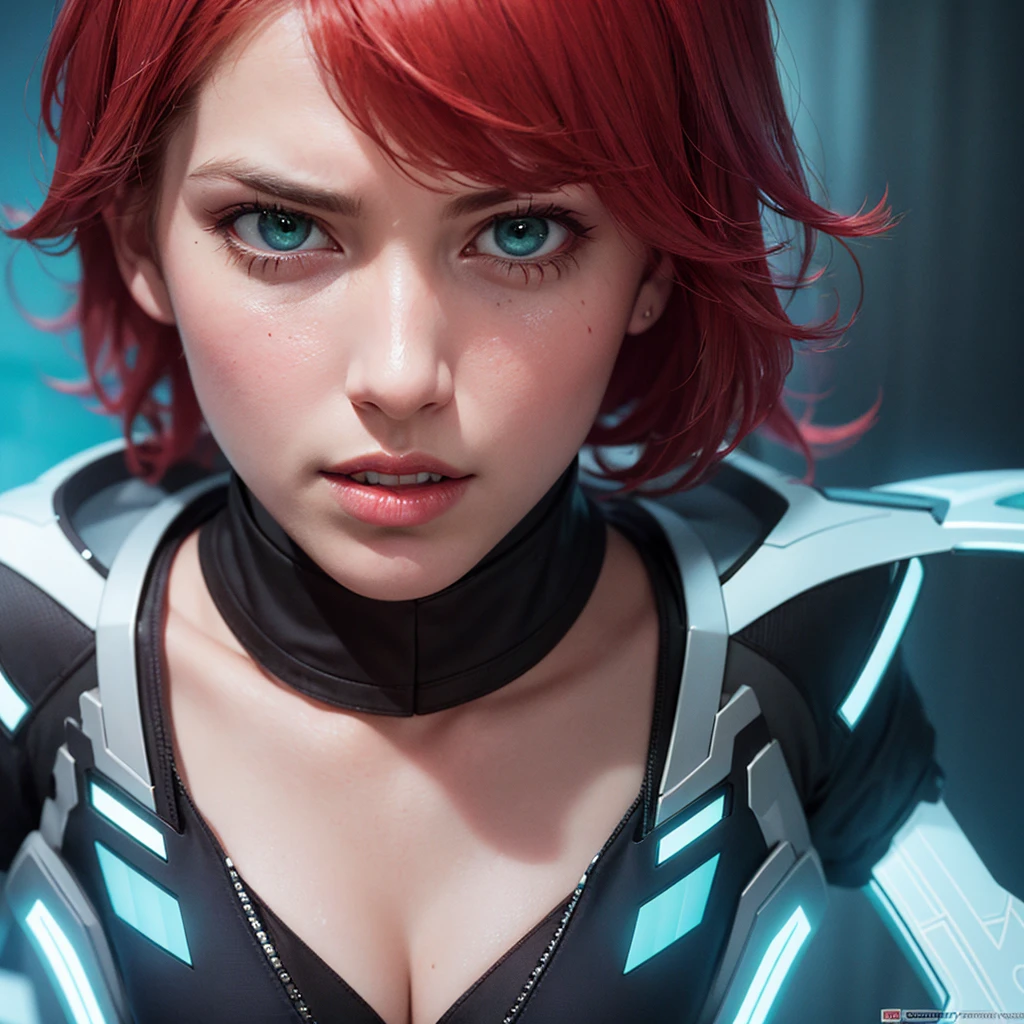 A sassy, obnoxious red-haired dominatrix woman, (Sandra Bernhard age 25), in a Tron-inspired futuristic sci-fi setting, punishing blue and green women with intense, powerful expressions, vivid colors, dramatic lighting, hyper-detailed, cinematic composition, photorealistic, 8k, masterpiece