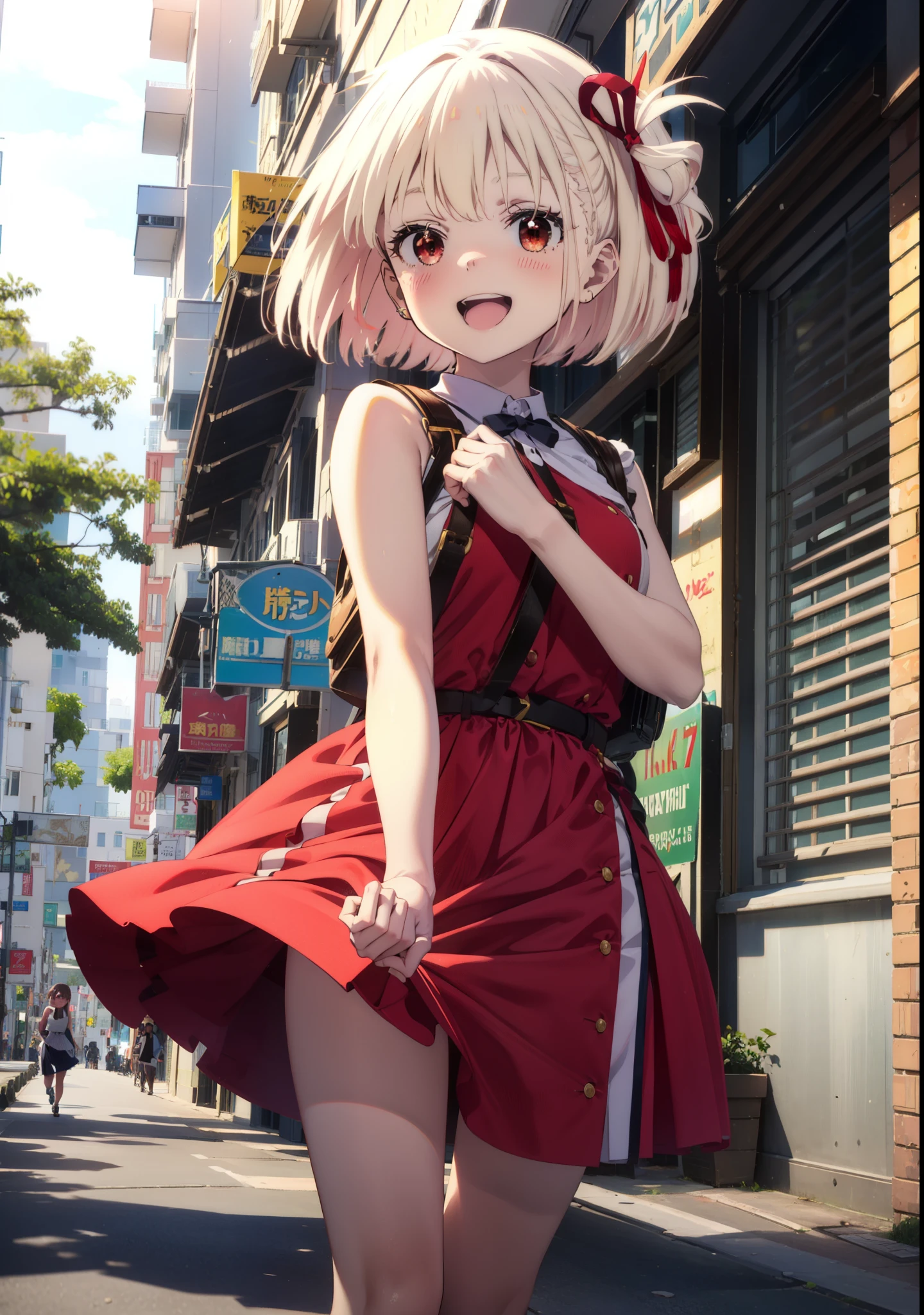 chisatonishikigi, Chisato Nishikigi, short hair, bangs, blonde, (Red eyes:1.5), Hair Ribbon, One side up, Bobcut,happy smile, smile, Open your mouth,
Open your mouth, Red sleeveless dress,Bare arms,Red long skirt,Cute Sandals,whole bodyがイラストに入るように,Daytime,sunny, walk,Looking up from below,break looking at viewer,whole body, break outdoors, In town,Coastal Road, break (masterpiece:1.2), highest quality, High resolution, unity 8k wallpaper, (shape:0.8), (Beautiful details:1.6), Highly detailed face, Perfect lighting, Extremely detailed CG, (Perfect hands, Perfect Anatomy),