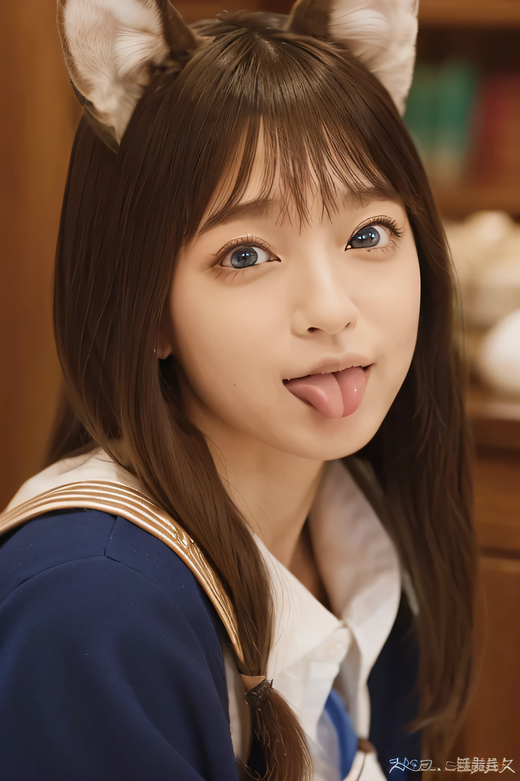 (Highest Resolution, clear_Image 1.2) 、(Beautiful girl with golden ratio face)、(-yeld gi、(very vivid eyes、wolf eyes 1.2)、wonderful, Tabletop, Attention to detail, Lip gloss、(((Twin-tailed rabbit style)))、Very beautiful girl、 alone, Beautiful girl like a model、(Long sleeve sailor suit、Very fine pleated scarf, Beautiful and detailed, Attention to detail nose,((((Licking tongue)))、Top quality photo masterpiece、Amazing realism photography、Surrealist female portraits by David Hockney and Alphonse Mucha,(((looking at the camera)))、((((Serious Eyes)))、(((Add highlights to the eyes)))、(((looking at the camera)))、Smile happily,Perfect Makeup,smile,(14-year-o gi(veryvid eyes、wolf eyes 1.2)、