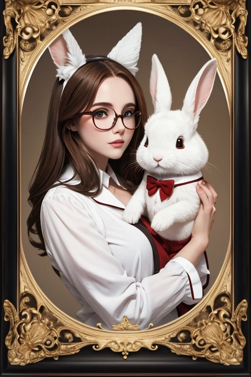 White rabbit with its white-skinned owner , ojos color miel, framed glasses with brown hair 