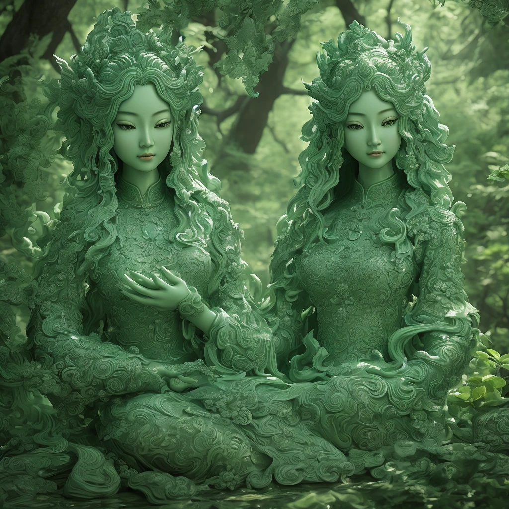 Wu Gongnuan China Artist Jade Figurine, Fairytale Visionary, digital illustration art, Details, Inspired by Rococo, Serene face, Green, Realistic hyper-detailed rendering, 1goddess