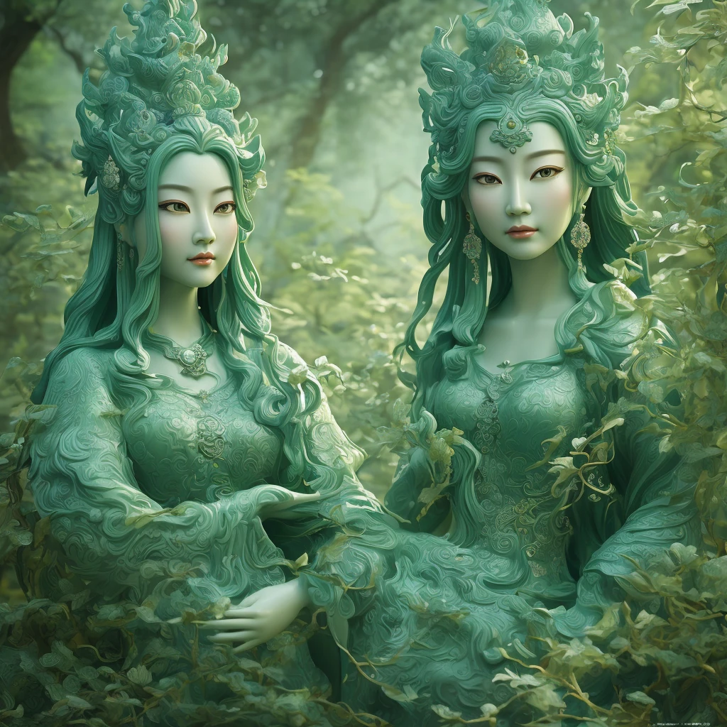 Wu Gongnuan China Artist Jade Figurine, Fairytale Visionary, digital illustration art, Details, Inspired by Rococo, Serene face, Green, Realistic hyper-detailed rendering, 1goddess