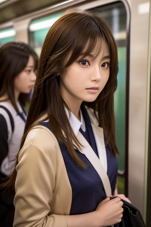 (((Tokyo Subway , Yamanote Line, High school students commuting to school, Inside the train))),Cinematic dynamic photography,(Ultra Realistic, High resolution), (Highly detailed eyes, Highly detailed hair, highly Detailed face, Highly detailed plump lips，Perfect ???????),(highest quality:1.4), RAW Photos, (Realistic, photo-Realistic:1.37), Professional photography, Cinematic Light, (Detailed face: 1.2),Looking at the audience, (Famous Japanese actresses:1.2)