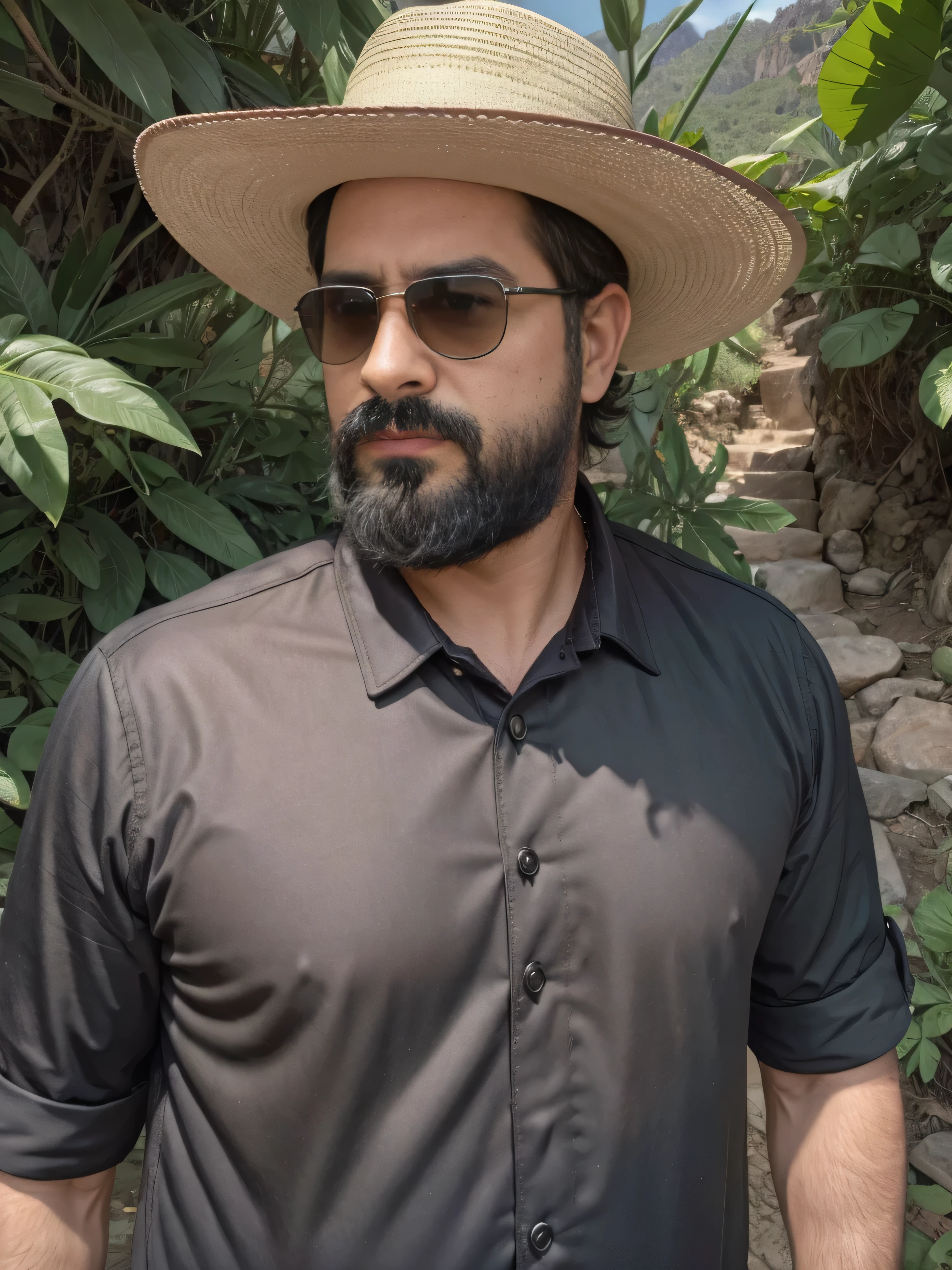 A man with a beard and dark sunglasses, wearing a charro suit with a wide-brimmed sombrero, detailed face, medium shot upper body, beautiful Copper Canyon landscapes, deep gorges, lush vegetation, highly realistic, photorealistic, 8k, best quality, masterpiece