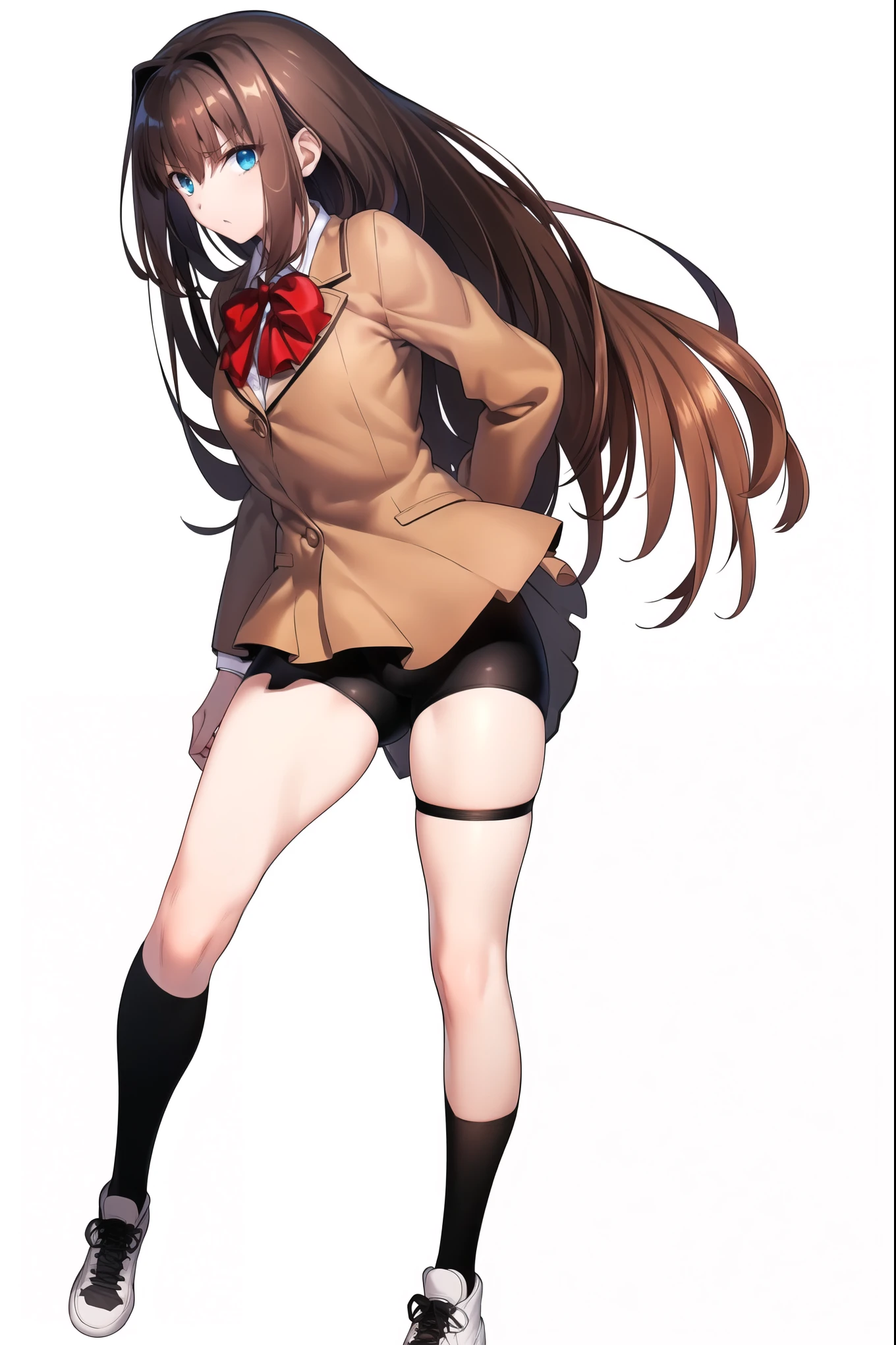 8k, high quality, AokoSchoolUniform, ((1girl)), (((solo))), (chestnut-brown hair with slightly reddish undertone), perfect face, red bowtie, beige blazer, (((Umber pleated mini skirt:1.2))), (black spandex shorts:1.4), (nice thighs:1.4), (thigh-high black stockings), brown Strap-Shoes shoes, (standing), (full body), (white-empty background:1.4), empty background