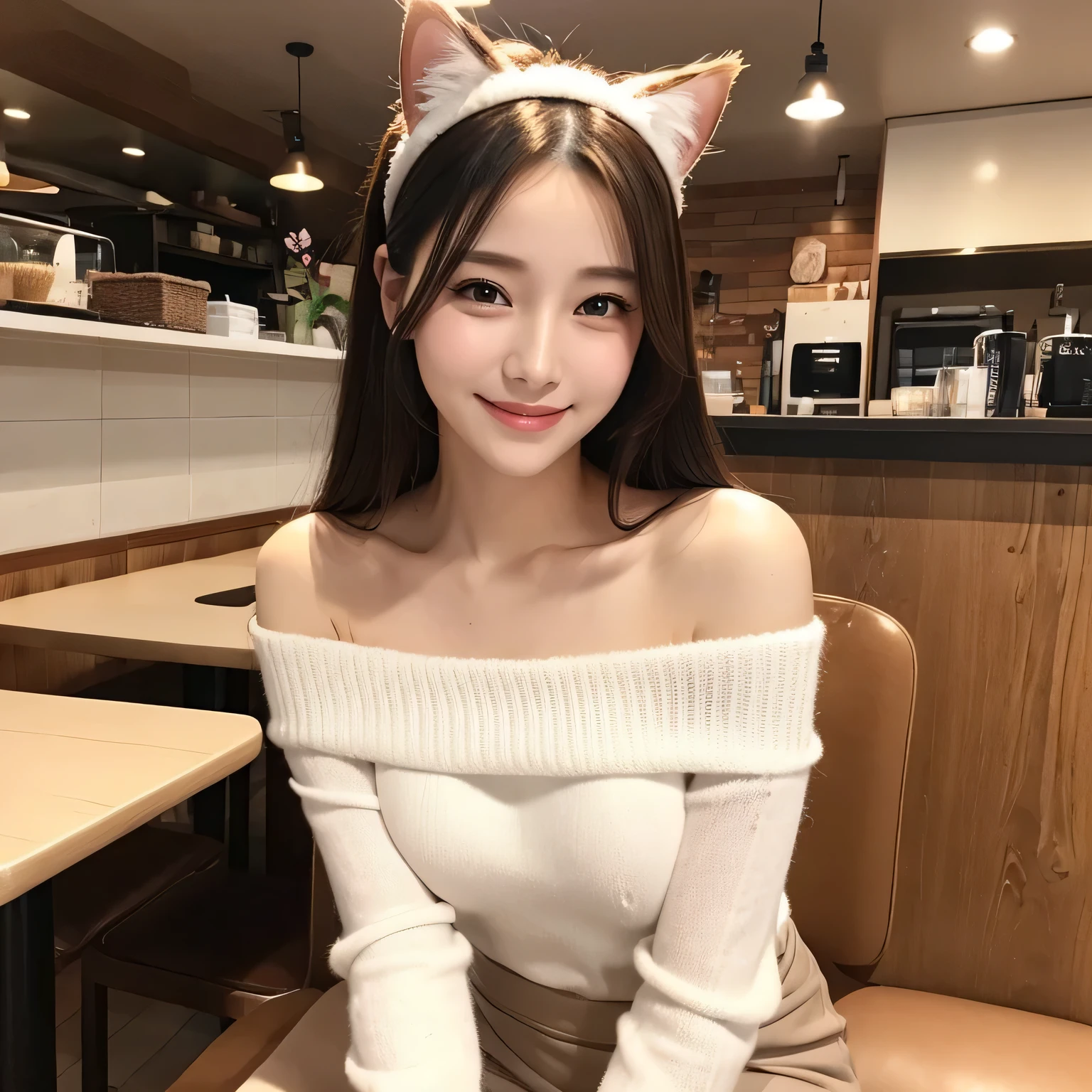 best quality, Ultra-high resolution, (Practical:1.4), cat ears headband、Off-the-shoulder white sweater、Medium breasts、valley、Beautiful woman with fair complexion、Lovely、Smile、Cafe interior in the background、Sit in your seat