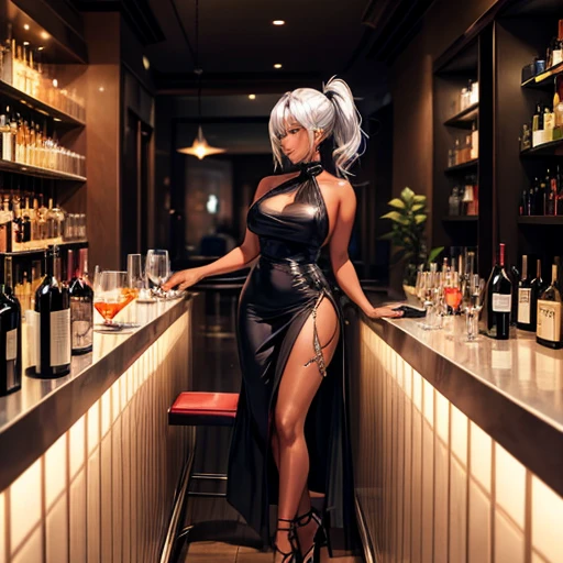 A dark-skinned woman with silver hair in a ponytail,Wearing a black cocktail dress, holding a wine glass　Wearing high heels　bar counter　The bartender is a woman with short red hair.