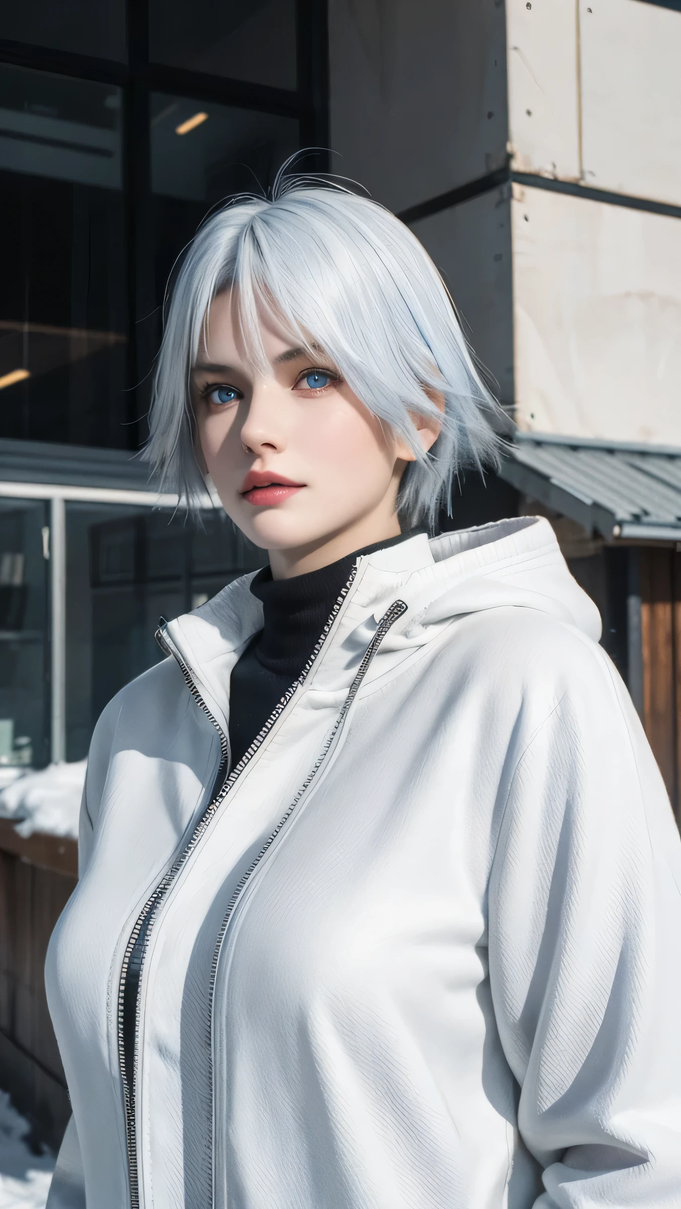 best quality,masterpiece,8k wallpaper,absurdres, highres, ultra detailed, (1 young beautiful girl, solo:1.1),realistic,large breasts,blue eyes,(white hair:1.3),short hair,winter coat,buruma,BREAK