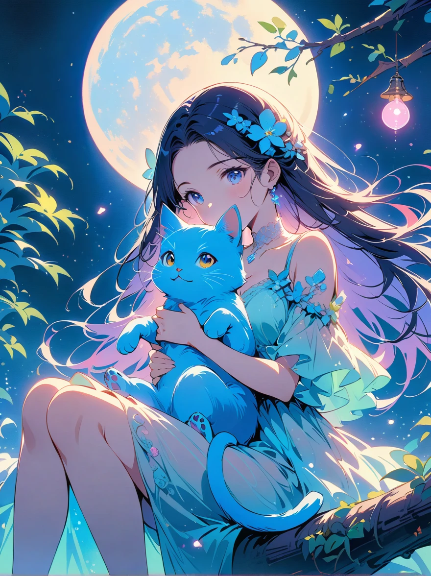 Romantic and sweet style，night，Backlight，A girl sitting on a branch，Holding a blue cat，There is a full moon behind，Fresh colors，Soft colors，Diode lamp，Concept art style，Extremely complex details，Clear distinction between light and dark，Structured，Ultra HD