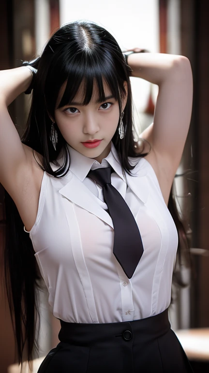 pretty, young, girl, long hair, black hair, red color eyes, bangs, white shirt, sleeveless, white collar, black tie, large breast, black gloves, upper body, white skin, 15 year old, beauty, 1 girl, intimidating, look put hands behind head, armpits, armpits visible, sweaty armpits, armpits very sweat, school backround