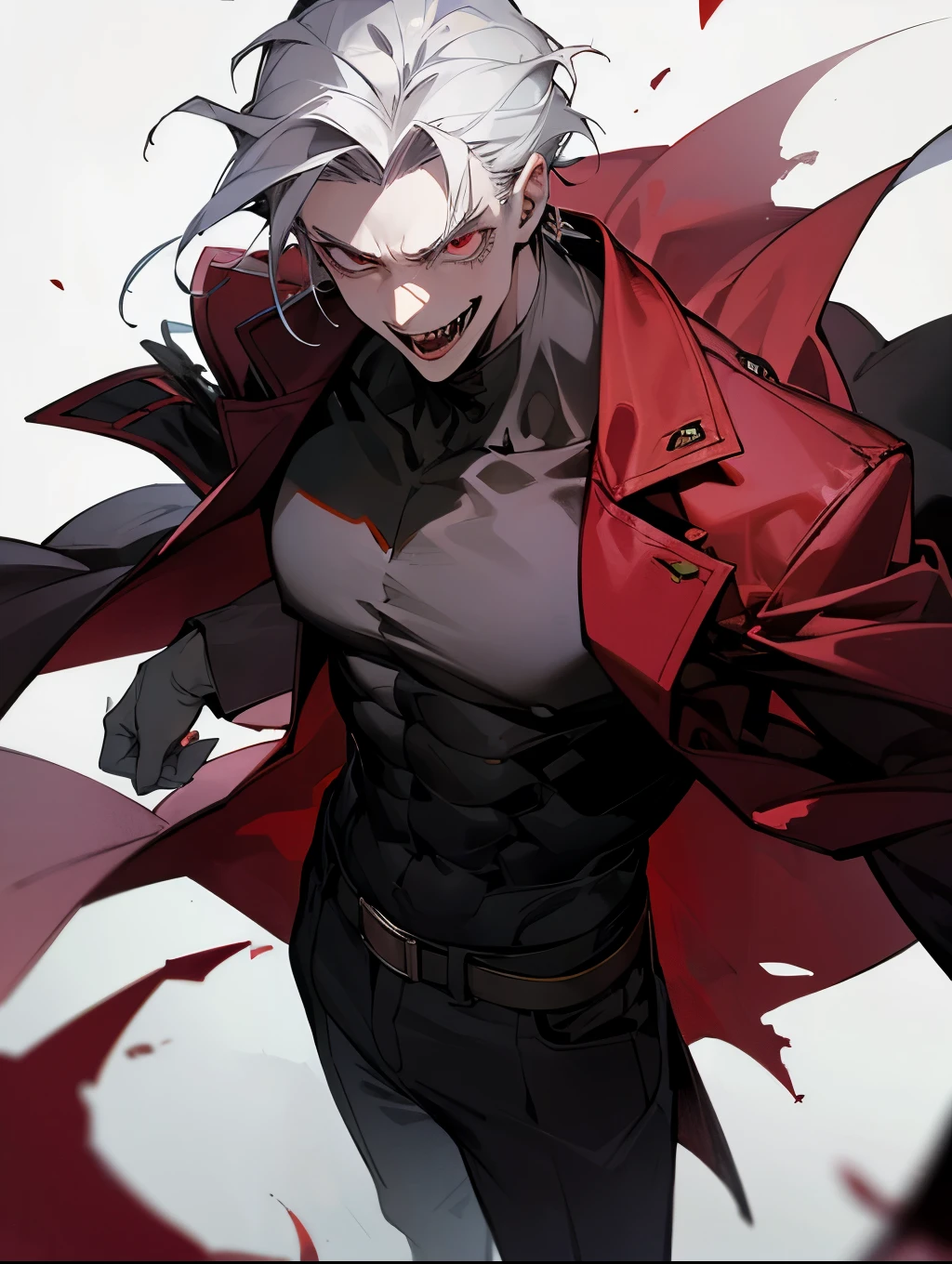 masterpiece, best quality, 1boy, vampire , half body , demon , huge body, terrifying smile, wearing a coat,  