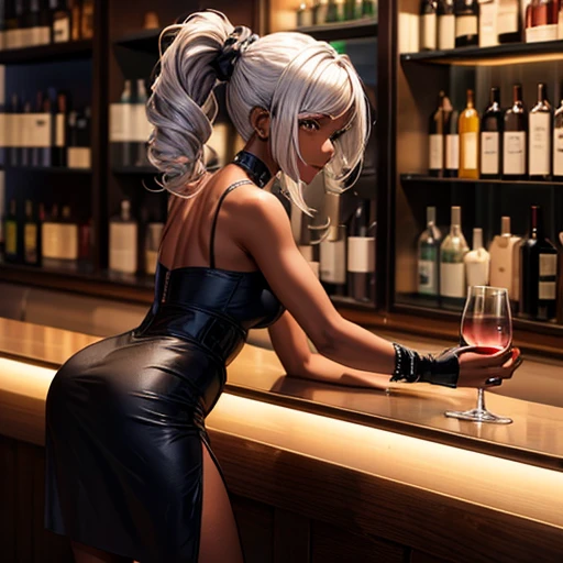 A dark-skinned woman with silver hair in a ponytail,Wearing a black cocktail dress, holding a wine glass Wearing high heels bar counter The bartender is a woman with short red hair.