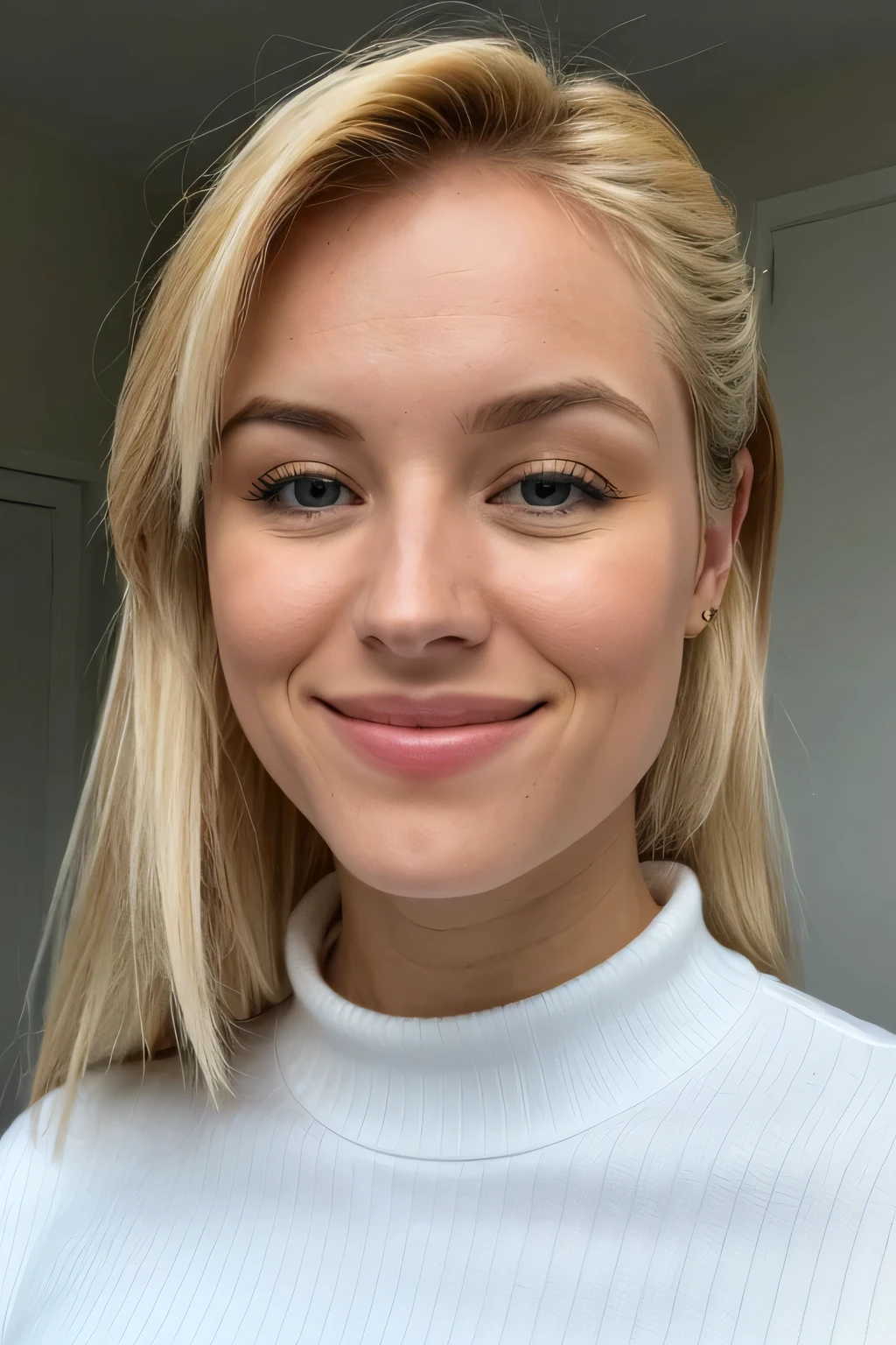 , photo of <lora:JadeLloyd_v1:0.9> JadeLloyd with platinum blonde hair and smiling, focus on eyes, close up on face, wearing jewelry, mauve taupe color hair styled teased ponytail,