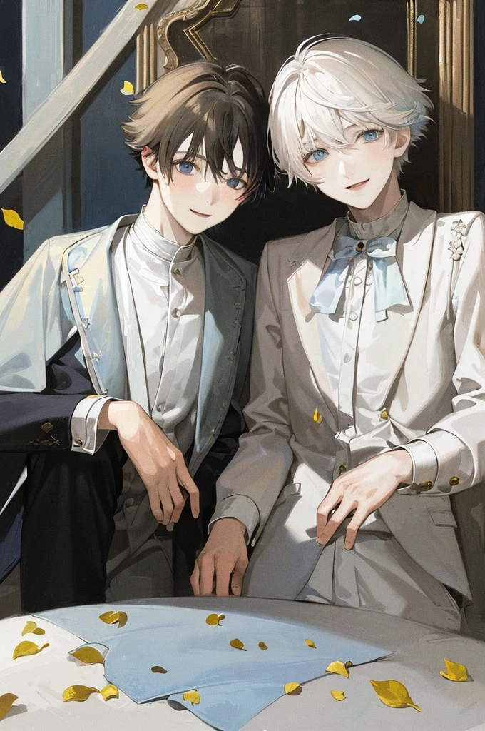 (muste piece), (highest quality), very detailed, (two boys:1.4), concentrated，perfect face, beautiful face, very detailed顔，(blue eyes:1.3)，flower，butterfly々，flower petals，Light，(smile:1.3)，(white haired boy:1.4)，(black haired boy:1.4)